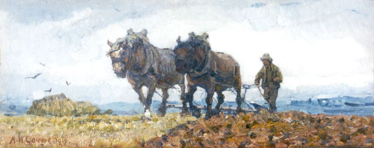 Gouwe A.H.  | Adriaan Herman Gouwe, Ploughing farmer, Öl auf Leinwand 13,6 x 33,3 cm, dated 1917