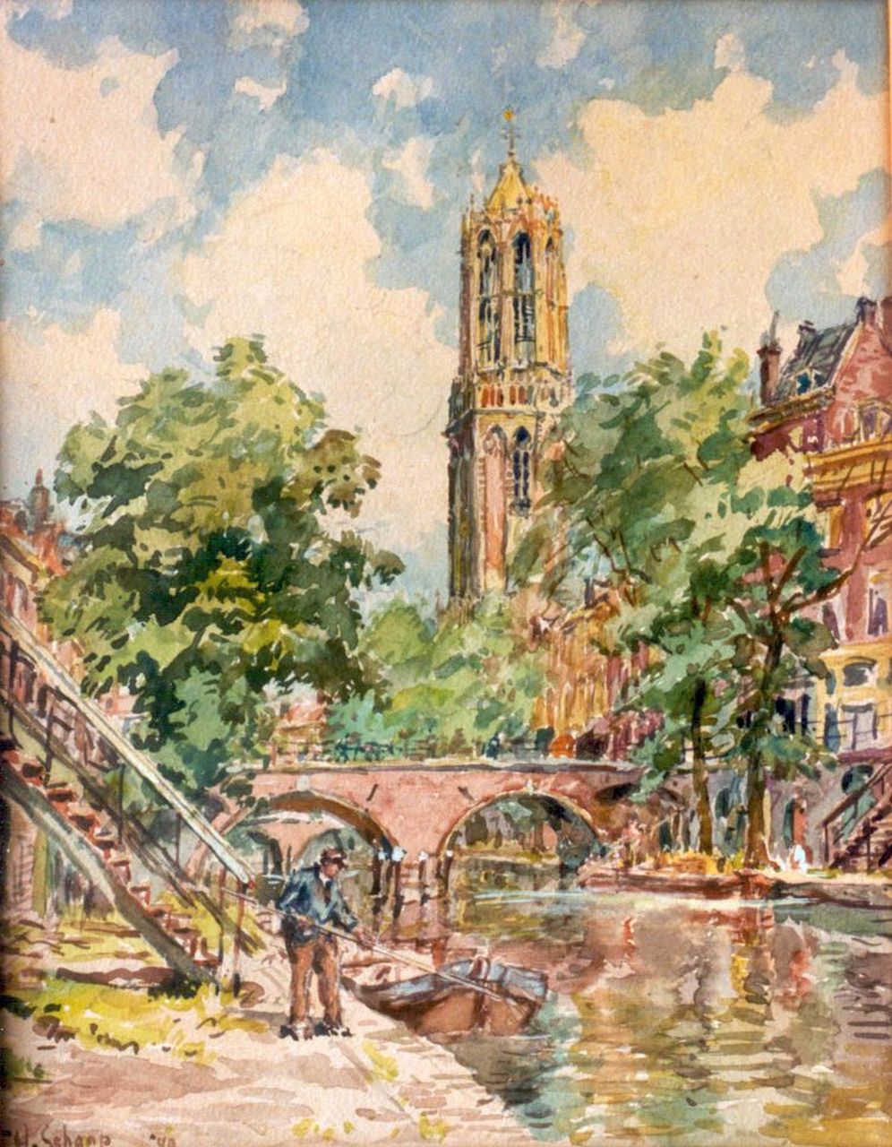 Schaap H.  | Hendrik Schaap, A view of the 'Oude Gracht met de Dom', Utrecht, Aquarell auf Papier 31,0 x 24,0 cm, signed l.l. und dated '49