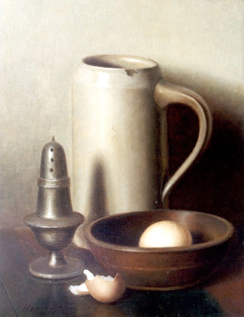 Bos H.  | Hendrik 'Henk' Bos, A still life with a mug and egg, Öl auf Leinwand 30,5 x 24,3 cm, signed l.l.