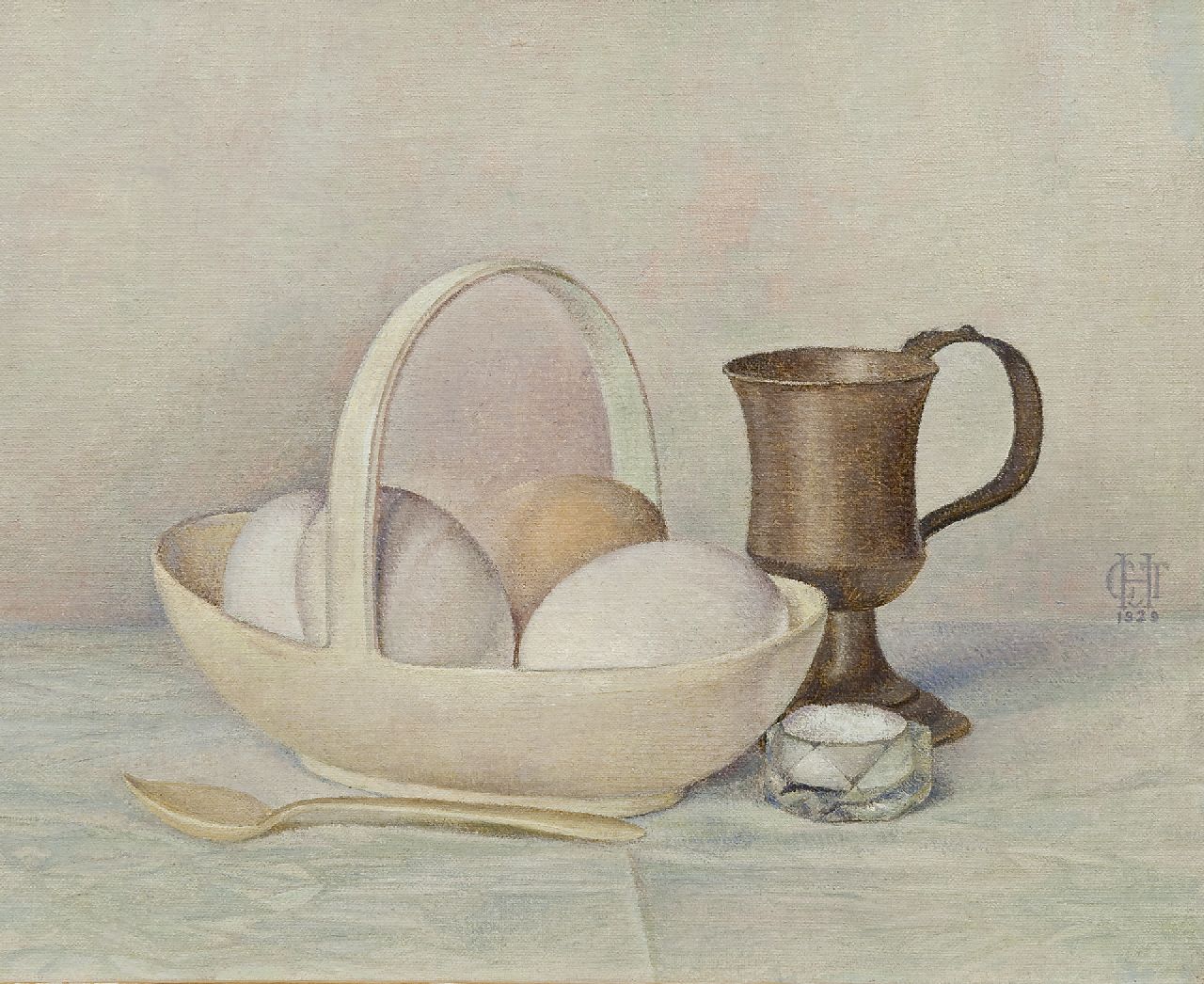 Hettinga Tromp T.G.M. van | Tjitske Geertruida Maria van Hettinga Tromp, Eier in einer Wedgewood Schale, Öl auf Leinwand 24,8 x 30,4 cm, Unterzeichnet M.r mit Monogramm und datiert 1929