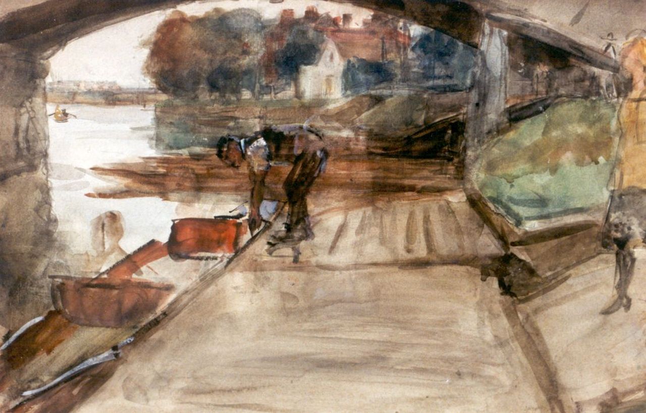 Israels I.L.  | 'Isaac' Lazarus Israels, A man by a rowing boat on the river Thames, Aquarell auf Papier 33,5 x 50,5 cm