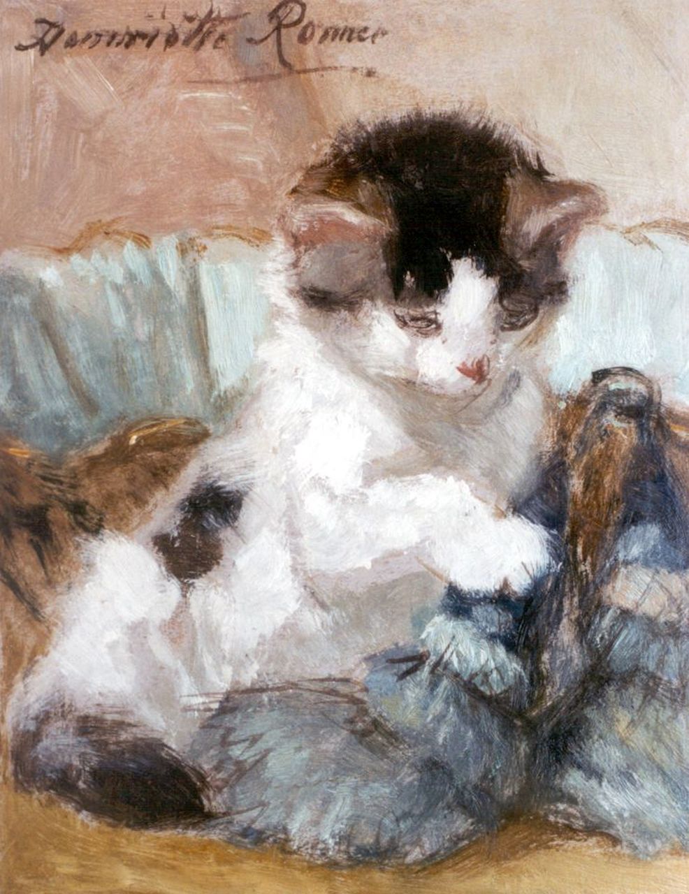 Ronner-Knip H.  | Henriette Ronner-Knip, A kitten playing, Öl auf Papier auf Holz 20,2 x 15,9 cm, signed u.l.