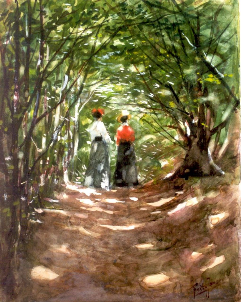 Jansen F.J.  | Frederik Johannes 'Frits' Jansen, Elegant ladies on a path, Aquarell und Gouache auf Papier 29,0 x 22,8 cm, signed l.r.