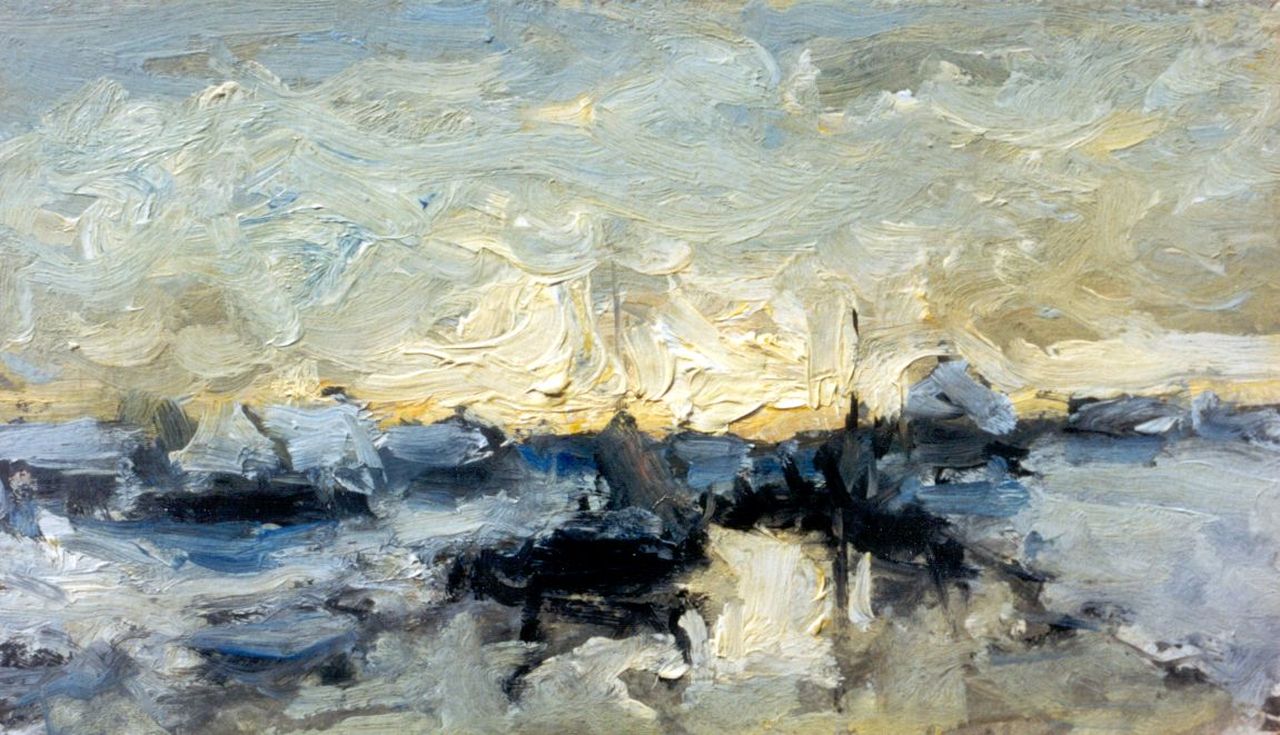 Munthe G.A.L.  | Gerhard Arij Ludwig 'Morgenstjerne' Munthe, A river landscape in winter, Öl auf Malerpappe 12,4 x 21,1 cm, signed on the reverse