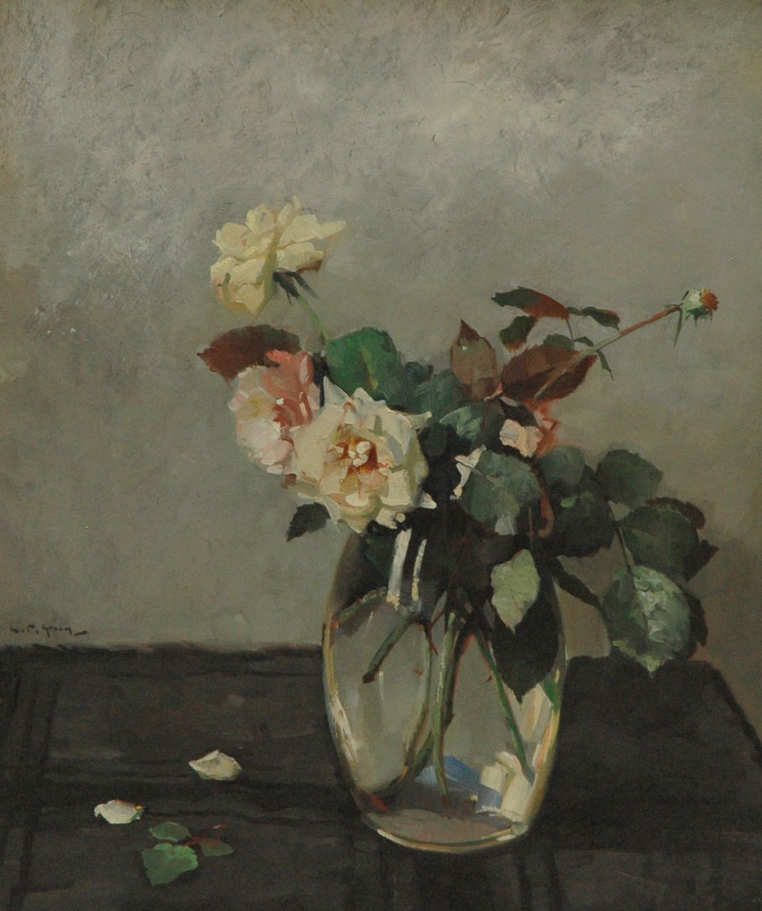 Groen H.P.  | Hendrik Pieter 'Piet' Groen, Roses in a glass vase, Öl auf Malerpappe 58,1 x 49,0 cm, signed left of the middle