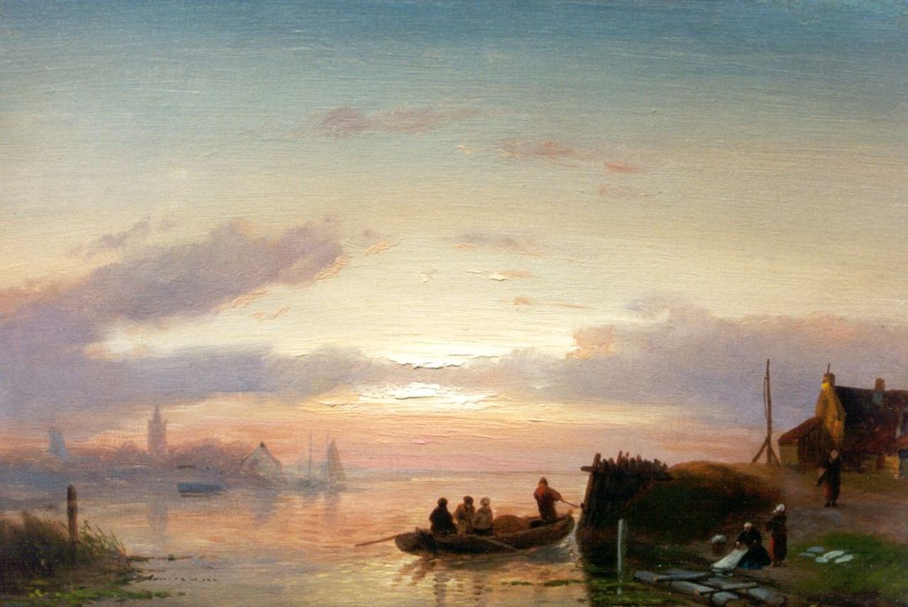 Leickert C.H.J.  | 'Charles' Henri Joseph Leickert, Evening twilight, Öl auf Holz 22,7 x 32,4 cm, signed l.r.