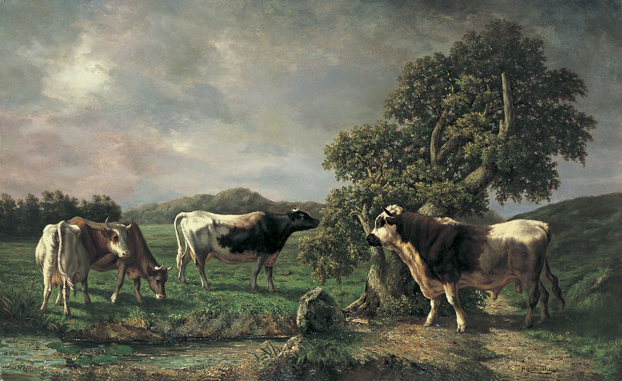 Haas J.H.L. de | Johannes Hubertus Leonardus de Haas, Cattle in a sunlit Landscape, Öl auf Leinwand 110,7 x 180,8 cm, signed l.r.