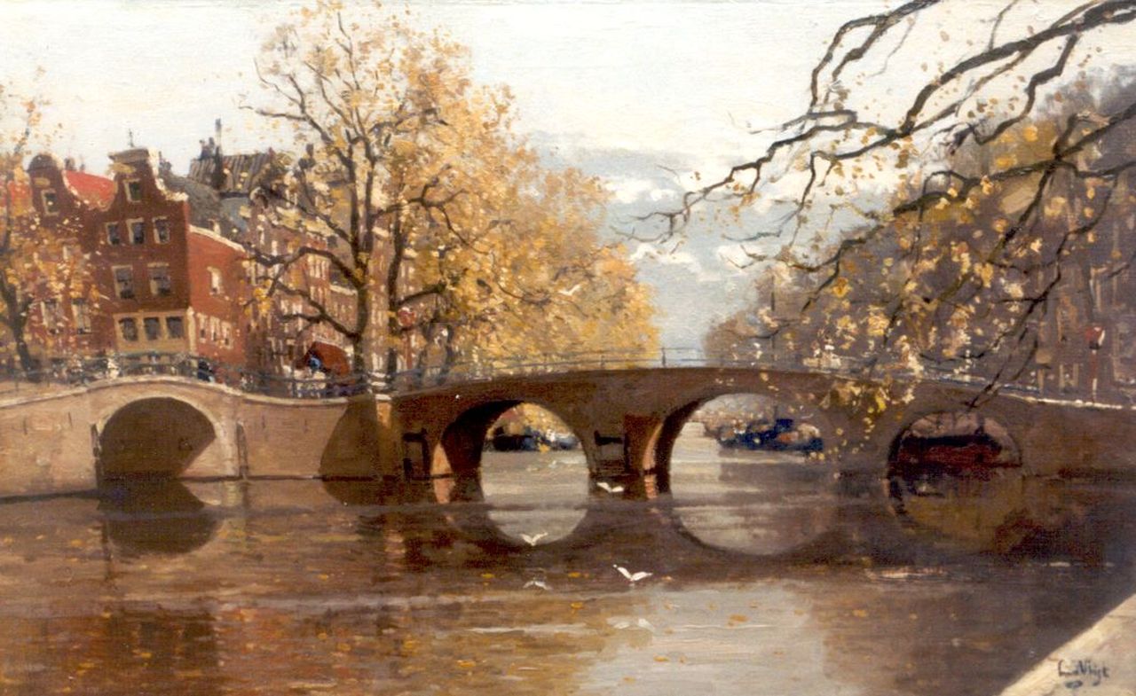 Vlist L. van der | Leendert van der Vlist, View of the Keizersgracht corner Reguliersgracht, Amsterdam, Öl auf Leinwand 50,0 x 79,8 cm, signed l.r. and on the reverse