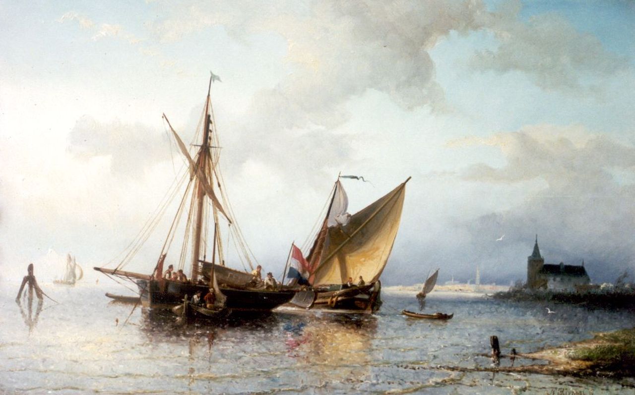 Riegen N.  | Nicolaas Riegen, Shipping in a calm, Öl auf Holz 28,0 x 43,7 cm, signed u.r.