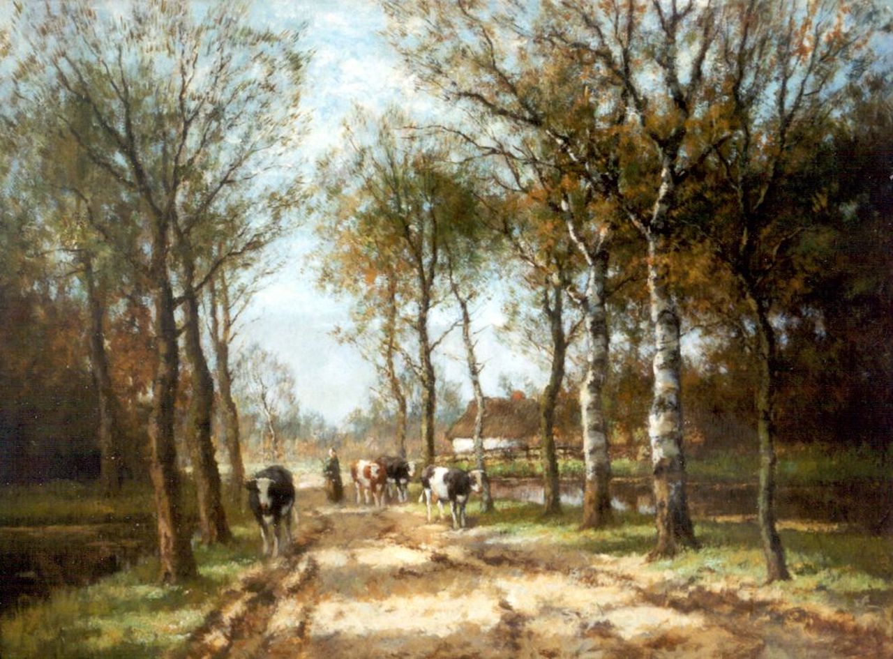 Bouter C.W.  | Cornelis Wouter 'Cor' Bouter, A farmgirl with cattle on a country lane, Öl auf Leinwand 60,2 x 80,5 cm, signed l.l.  'C. Verschuur'