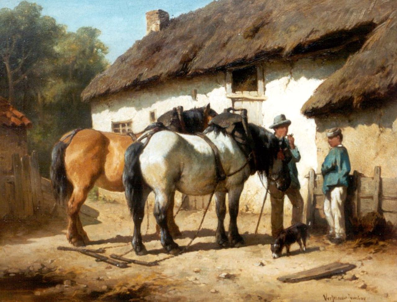 Verschuur jr. W.  | Wouter Verschuur jr., Horses on a yard, Öl auf Holz 23,5 x 30,3 cm, signed l.r.