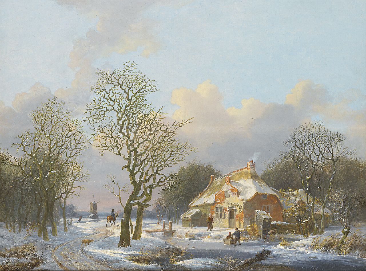 Stok J. van der | Jacobus van der Stok, A winter landscape with figures near a farmstead, Öl auf Holz 38,0 x 49,7 cm, signed l.r.