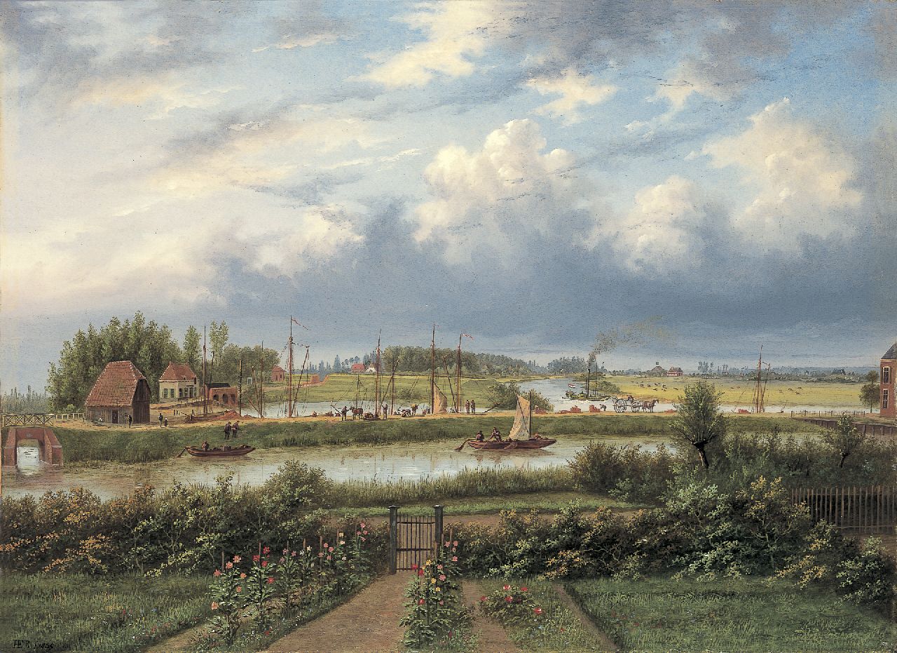 Rademaker H.E.  | Hermanus Everhardus Rademaker, The harbour of Doesburg, Öl auf Holz 40,0 x 54,7 cm, signed l.l. with monogram und dated 1855
