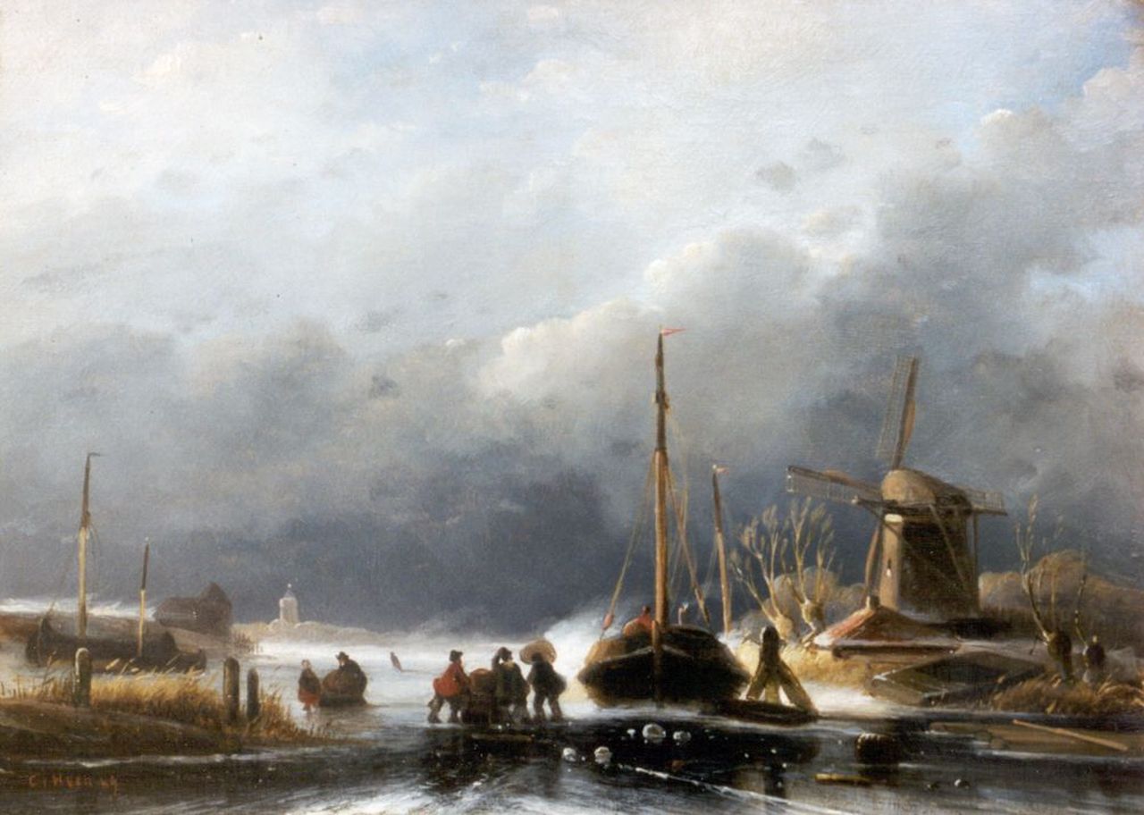 Hoen C.P. 't | Cornelis Petrus 't Hoen, A winter landscape with an iced boat, Öl auf Holz 21,2 x 29,2 cm, signed l.l. und dated '49