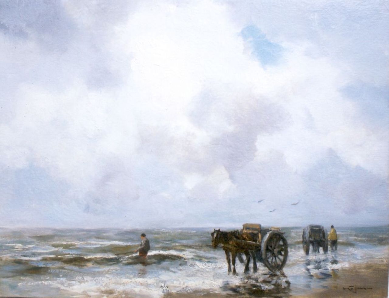 Jansen W.G.F.  | 'Willem' George Frederik Jansen, A shell-gatherer in the surf, Öl auf Leinwand 50,1 x 65,5 cm, signed l.r.