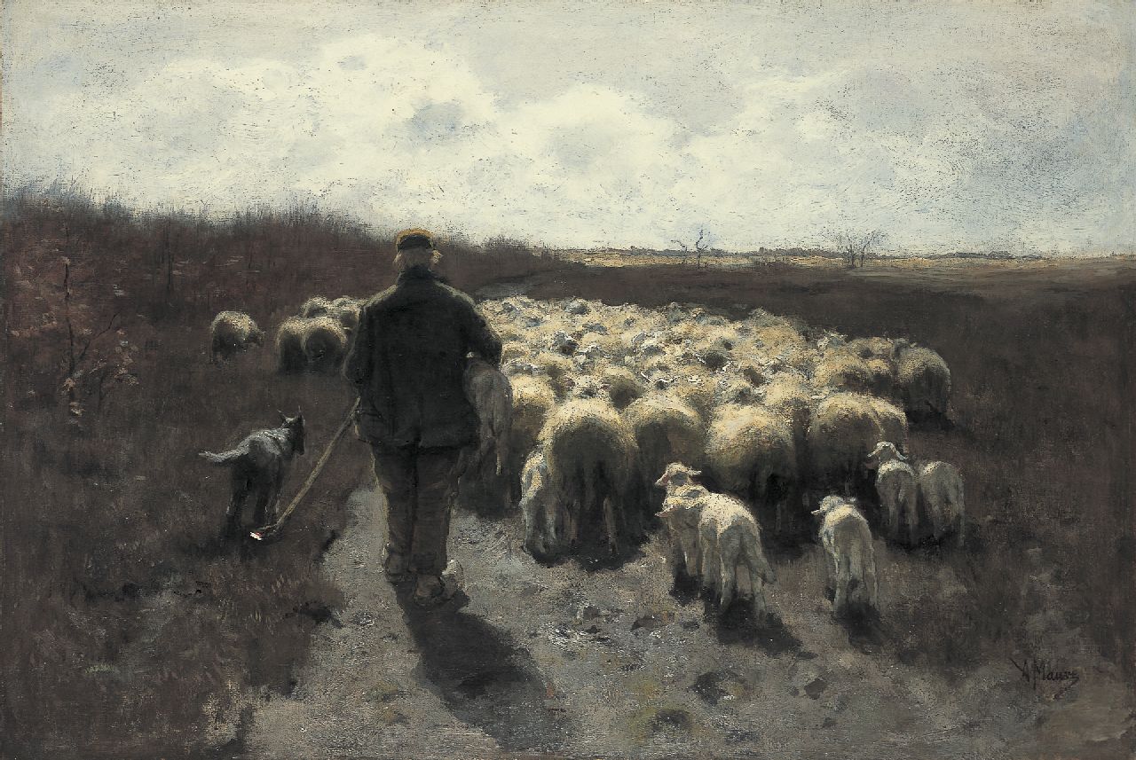 Mauve A.  | Anthonij 'Anton' Mauve, A shepherd with his flock, Öl auf Leinwand 65,0 x 96,5 cm, signed l.r.
