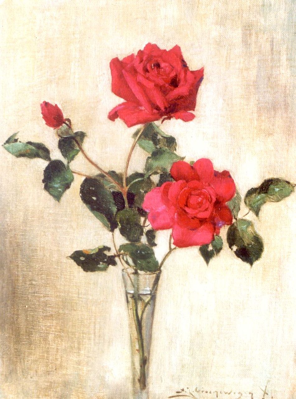Groenewegen A.J.  | Adrianus Johannes Groenewegen, Red roses in a glass vase, Öl auf Leinwand auf Holz 33,6 x 25,5 cm, signed signed l.r.