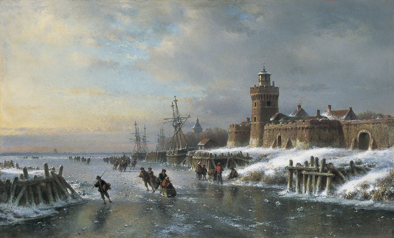 Kleijn L.J.  | Lodewijk Johannes Kleijn, Skaters on a frozen waterway by a fortified town, Öl auf Holz 40,4 x 66,3 cm, signed l.l.