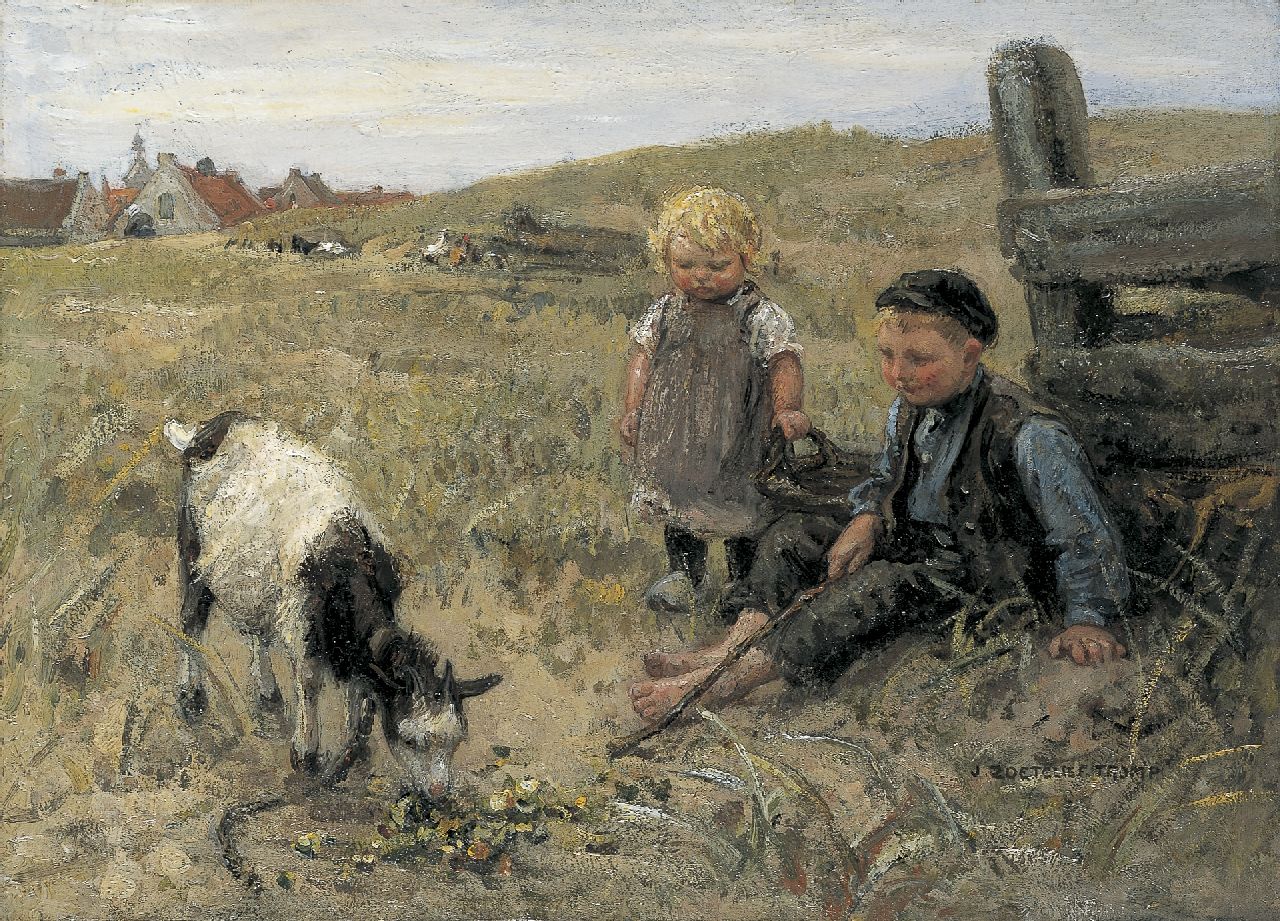 Zoetelief Tromp J.  | Johannes 'Jan' Zoetelief Tromp, Feeding the goat, Öl auf Leinwand 38,2 x 52,5 cm, signed l.r.