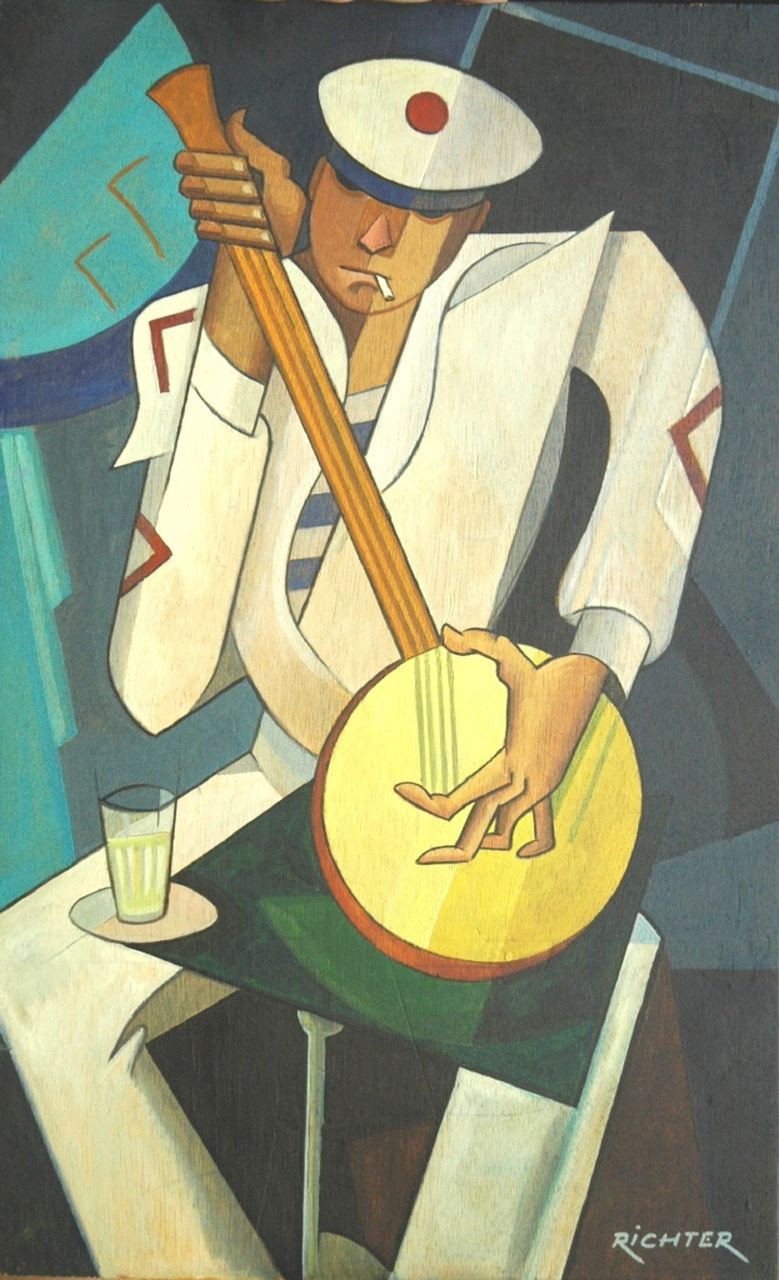 Richter A.  | Aurel Richter, Sailor with a banjo, Öl auf Holz 47,3 x 29,2 cm, signed l.r.