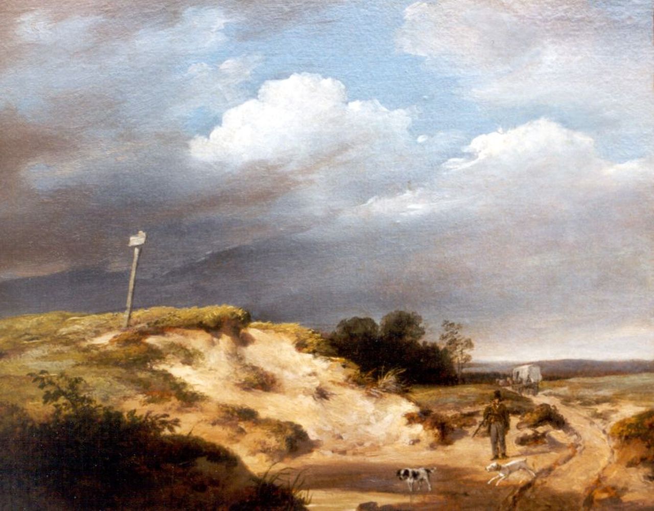 Schelfhout A.  | Andreas Schelfhout, A hunter in a dune landscape, Öl auf Holz 18,4 x 22,7 cm, signed l.r. und painted circa 1820