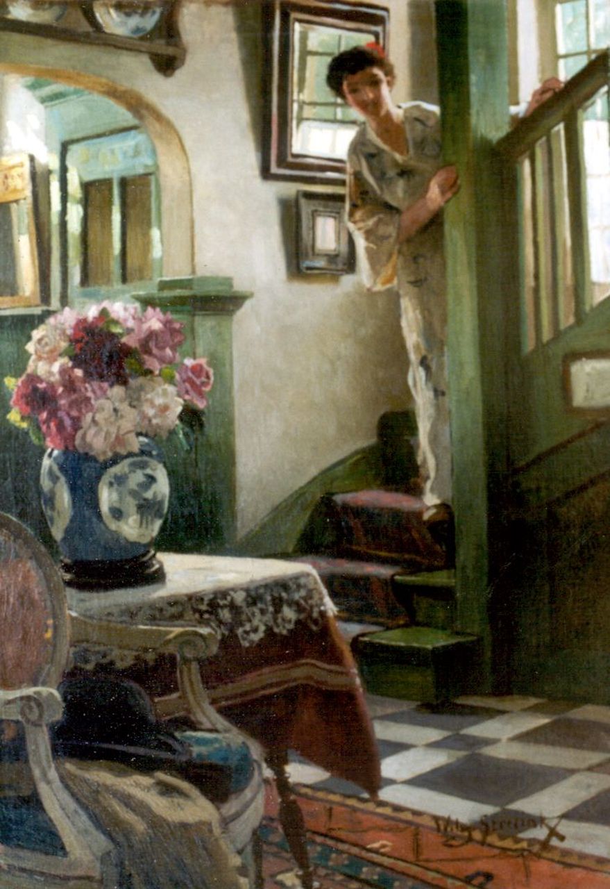 Steelink jr. W.  | Willem Steelink jr., An elegant lady on a stair-case, Öl auf Leinwand 78,5 x 55,0 cm, signed l.r.