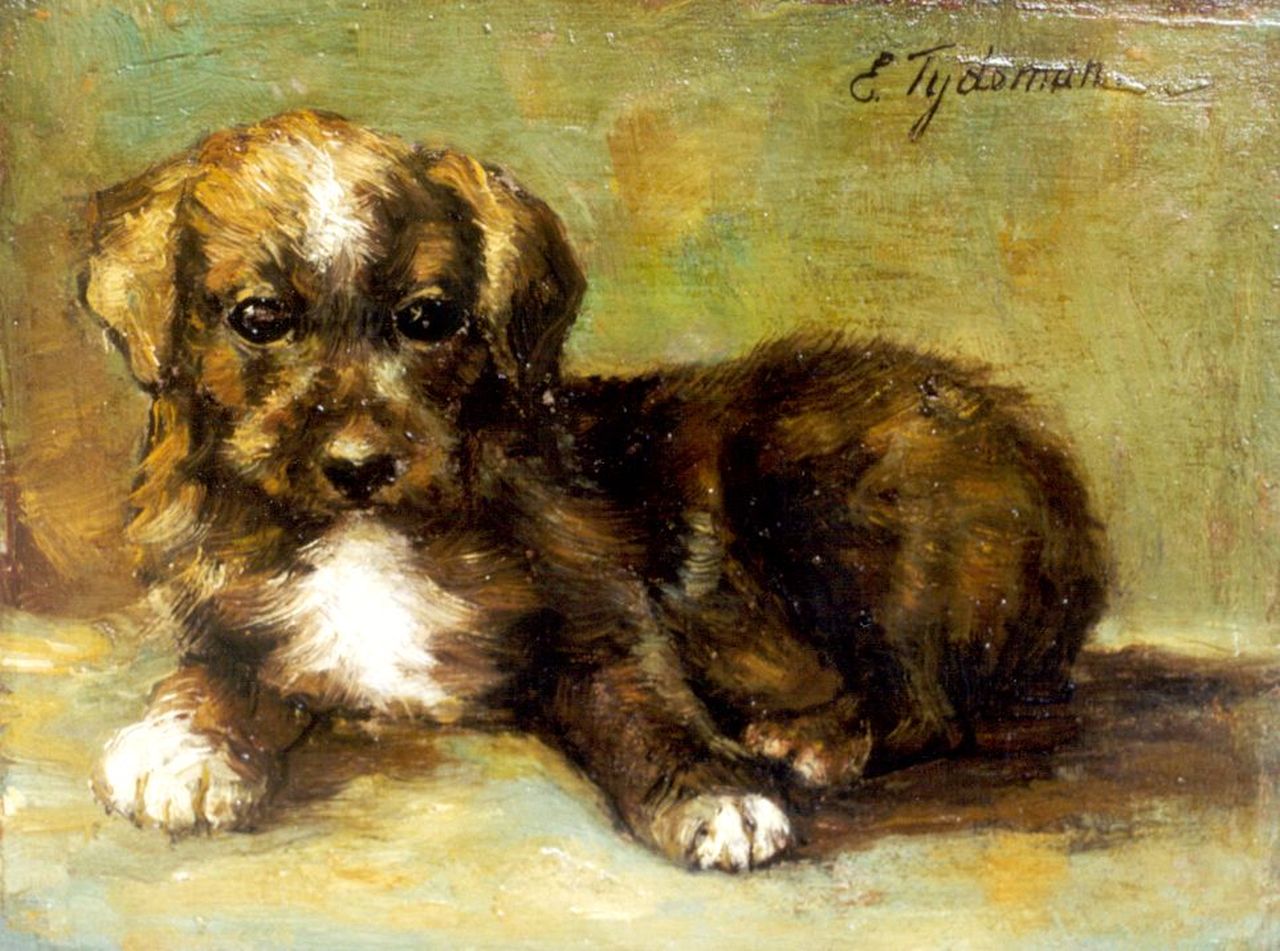 Tijdeman E.M.  | Ernestine Marie 'Dé' Tijdeman, A puppy, Öl auf Tafel 14,5 x 19,2 cm, signed u.r.