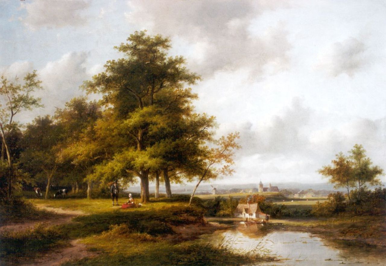 Morel II J.E.  | Jan Evert Morel II, A panoramic landscape with travellers resting, Öl auf Holz 35,3 x 50,9 cm, signed l.l.
