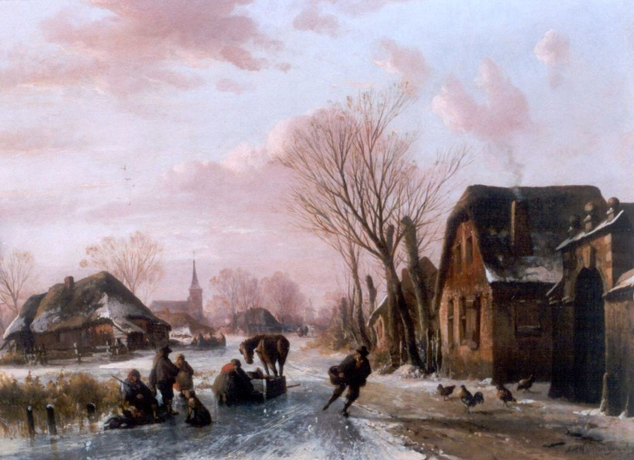 Wayen Pieterszen A. van der | Abraham van der Wayen Pieterszen, Skaters on a frozen waterway, Öl auf Holz 36,9 x 50,1 cm, signed l.r. und dated '69
