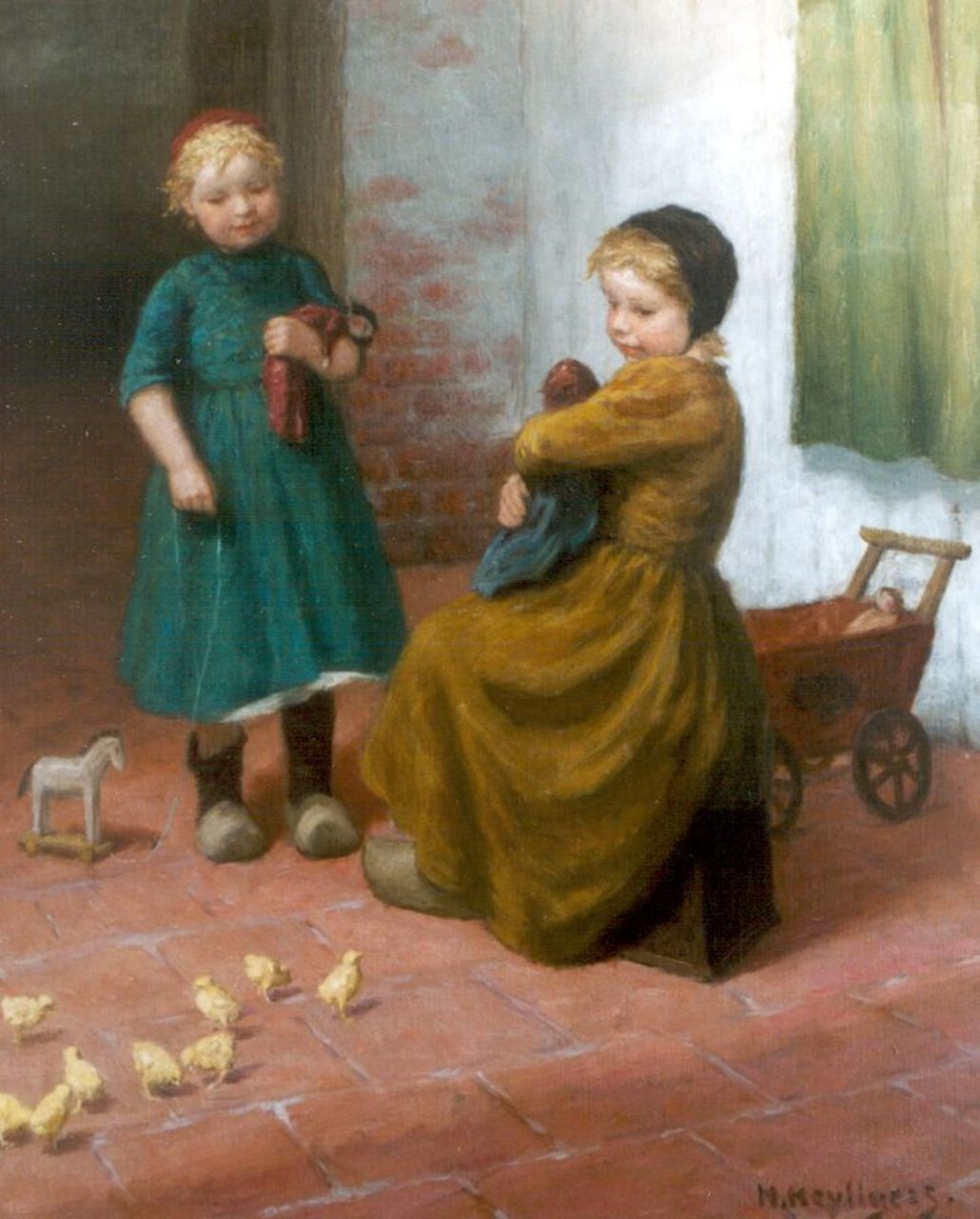 Heijligers H.  | Hendrik 'Henri' Heijligers, Children playing with chicks, Öl auf Leinwand 73,5 x 59,4 cm, signed l.r.