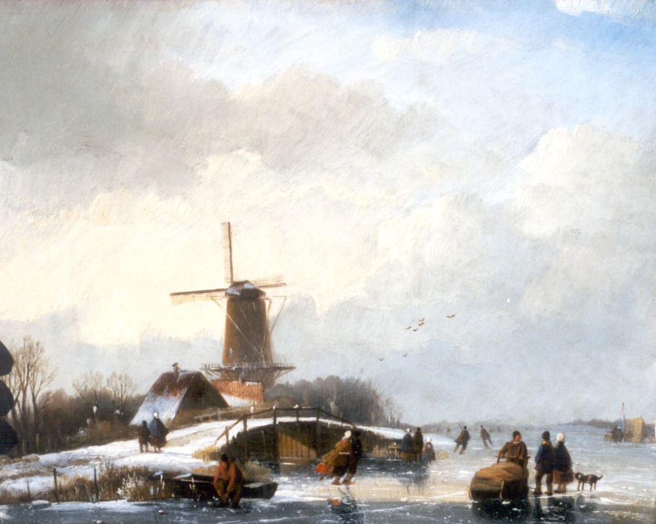 Spohler J.J.  | Jan Jacob Spohler, A winter landscape with skaters by a windmill, Öl auf Holz 20,1 x 25,0 cm, signed l.l. und painted between 1830-1840