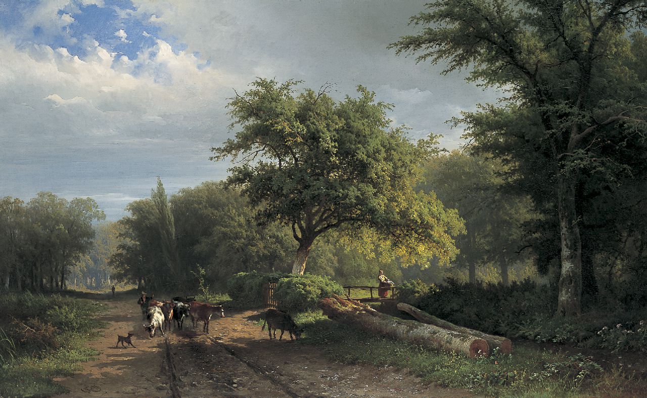 Roth G.A.  | George Andries Roth, A cowherd on a country road, Öl auf Leinwand 61,5 x 100,2 cm, signed l.l.