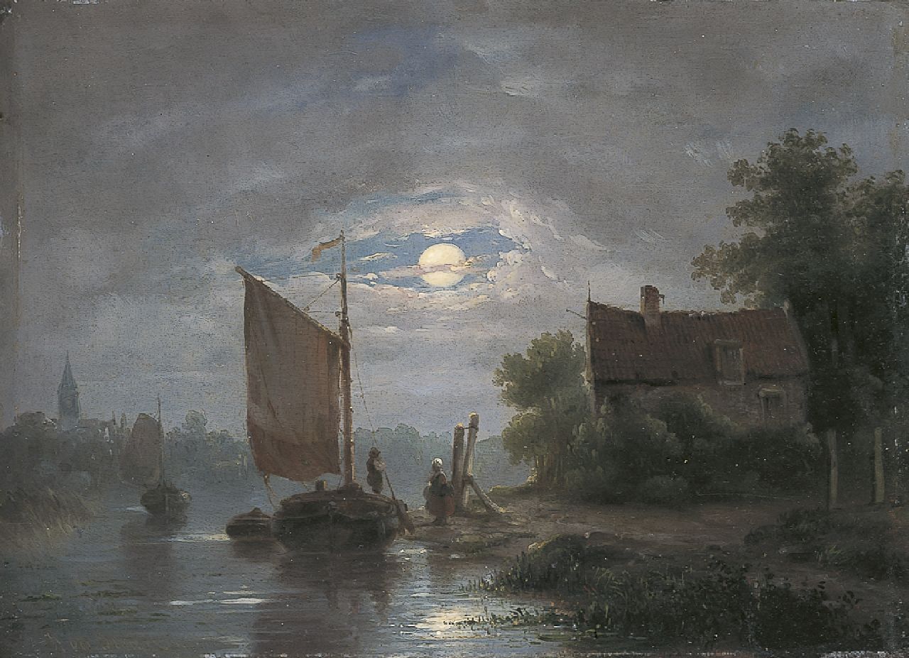 Stok J. van der | Jacobus van der Stok, A moonlit river landscape, Öl auf Holz 18,3 x 25,0 cm, signed l.l.