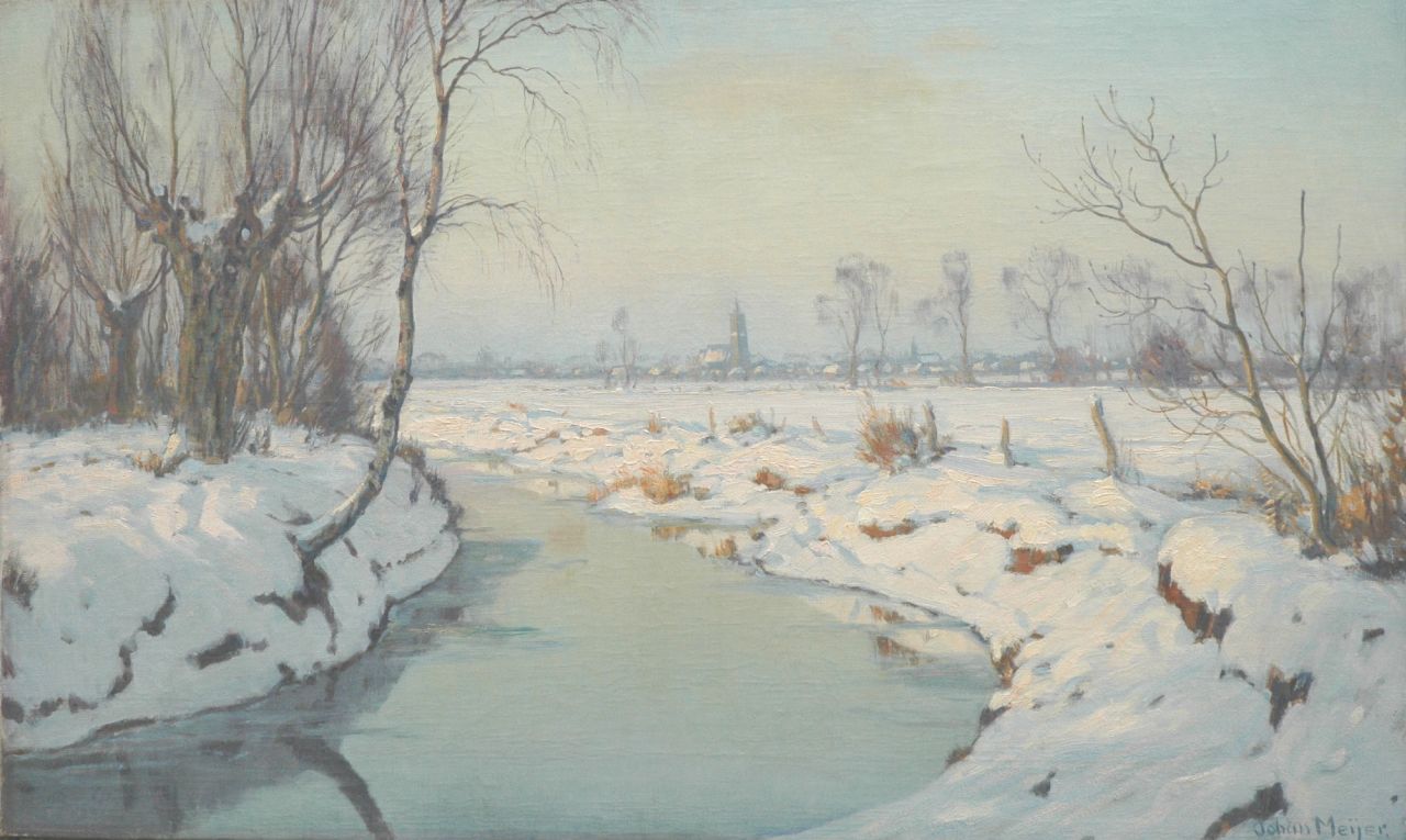 Meijer J.  | Johannes 'Johan' Meijer, Zonnige winterdag bij Blaricum, Öl auf Leinwand 61,4 x 101,1 cm, gesigneerd rechtsonder en verso