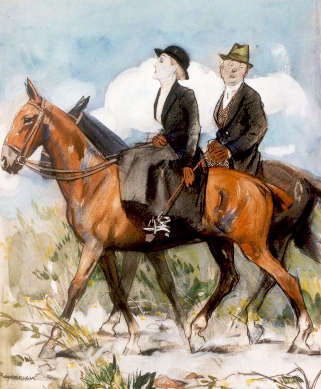 Hem P. van der | Pieter 'Piet' van der Hem, Horse lovers, Schwarze Kreide, Aquarell und Gouache auf Papier 45,5 x 37,0 cm, signed l.l.