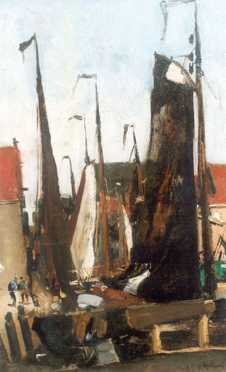 Arntzenius P.F.N.J.  | Pieter Florentius Nicolaas Jacobus 'Floris' Arntzenius, Sailing vessels in the harbour, Scheveningen, Öl auf Holz 34,5 x 22,0 cm, signed l.r.