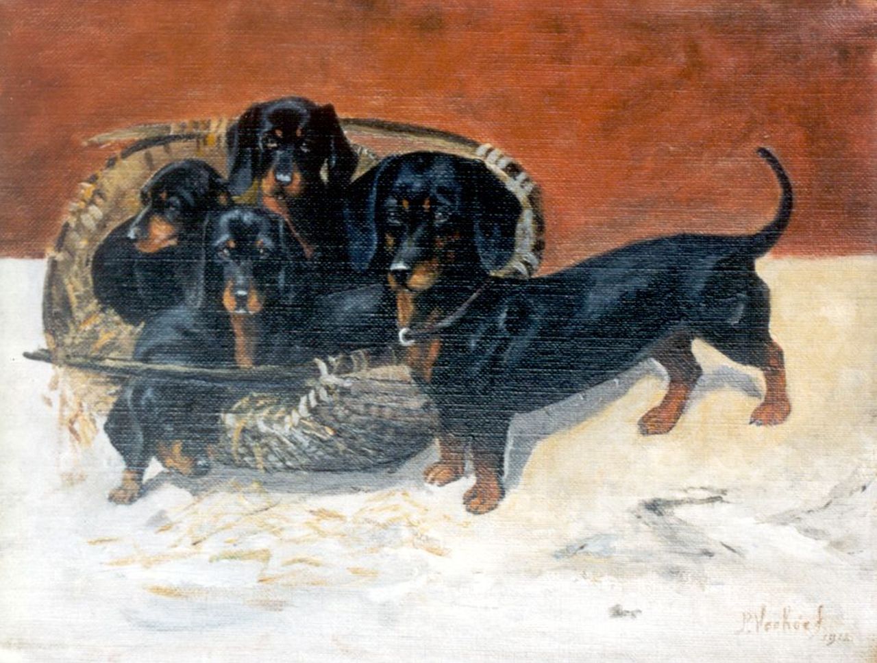 Verhoeff P.  | Pieter Verhoeff, Teckel with puppies, Öl auf Leinwand 22,2 x 29,1 cm, signed l.r. und dated 1912