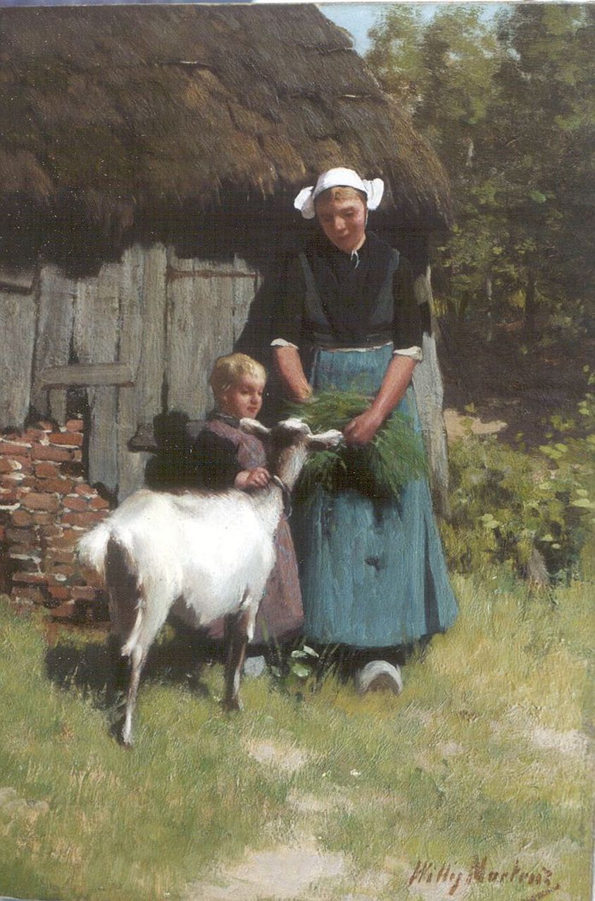 Martens W.  | Willem 'Willy' Martens, Feeding the goat, Öl auf Leinwand 65,3 x 46,1 cm, signed l.r.