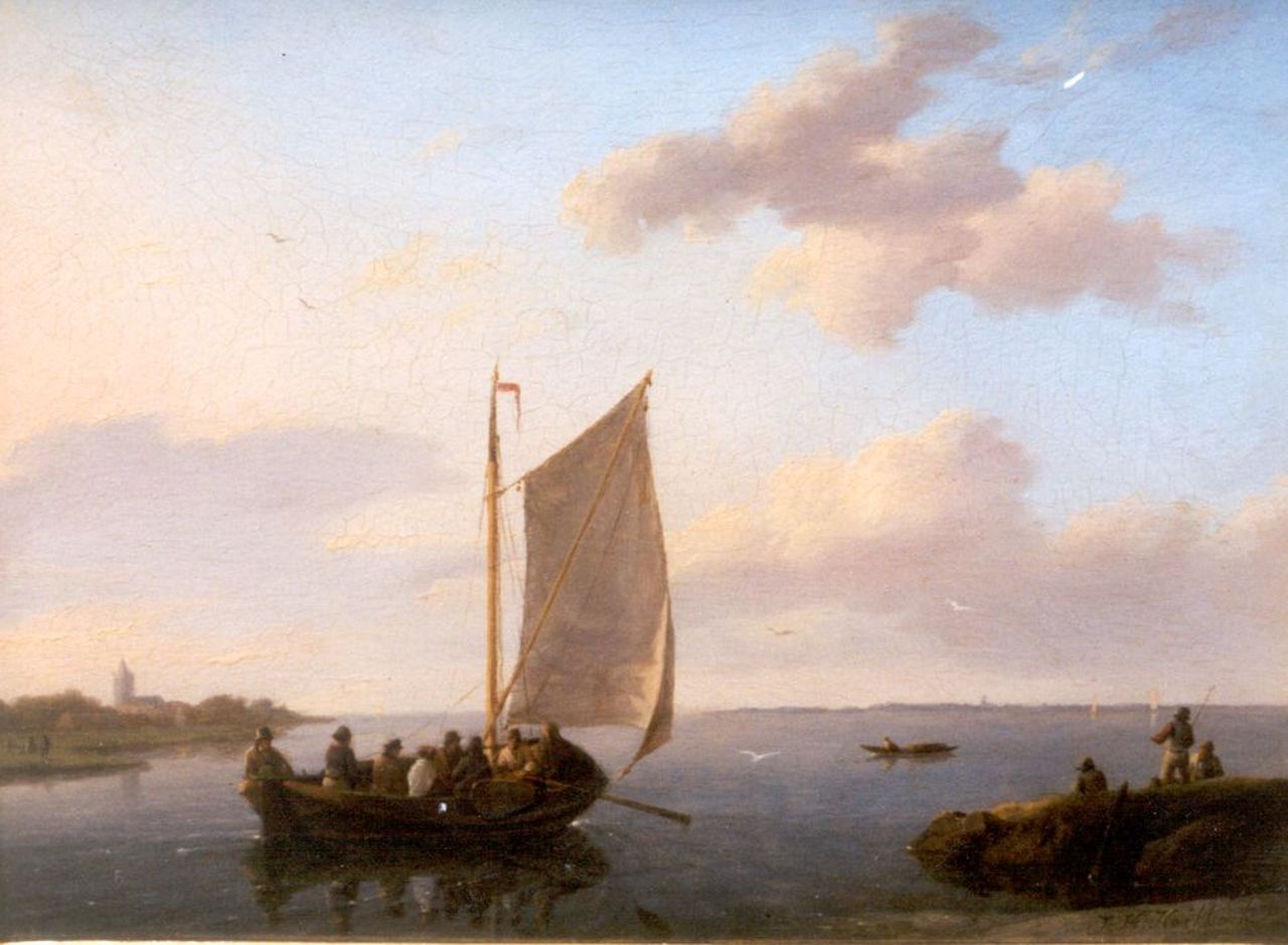 Koekkoek J.H.  | Johannes Hermanus Koekkoek, A ferry in a calm, Öl auf Holz 15,7 x 20,9 cm, signed l.r.