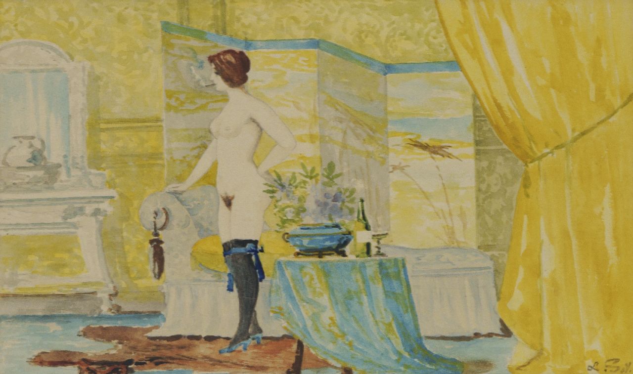 Soy L.  | Soy | Aquarelle und Zeichnungen zum Verkauf angeboten | Weiblicher Akt rauchend im Boudoir, Aquarell auf Papier 14,8 x 24,7 cm, Unterzeichnet r.u. und zu datieren ca. 1920