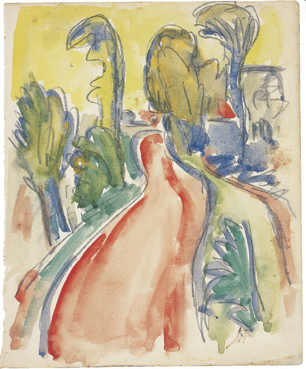 Altink J.  | Jan Altink, A red road, Bleistift und Aquarell auf Papier 20,7 x 17,0 cm, Unterzeichnet r.u. mit Initialen und zu datieren 1925-1930