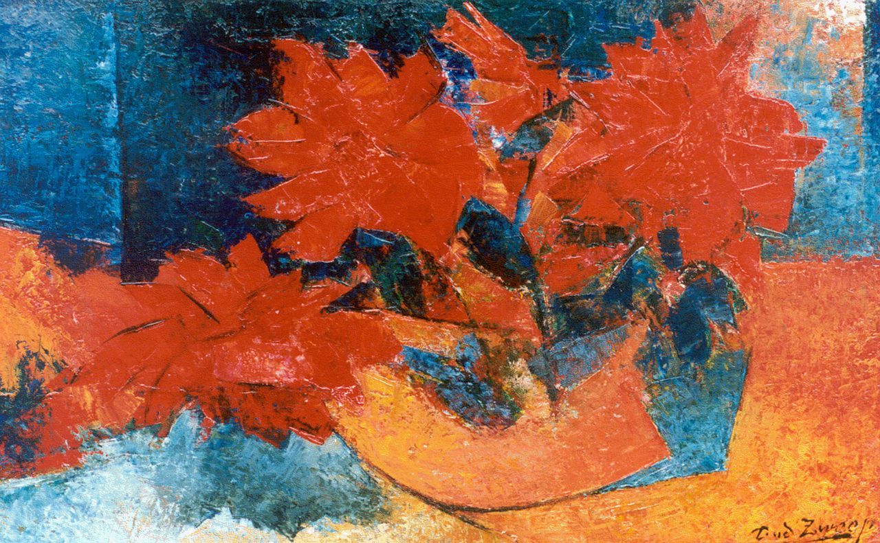Zweep D.J. van der | 'Douwe' Jan van der Zweep, Red flowers in a bowl, Öl auf Leinwand 36,2 x 56,2 cm, signed l.r.