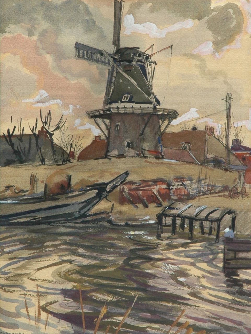 Vries J. de | Jannes de Vries, Windmill in Garnwerd, Ausziehtusche und Gouache auf Papier 49,2 x 37,5 cm, signed l.l. with monogram und dated 27-3-'54