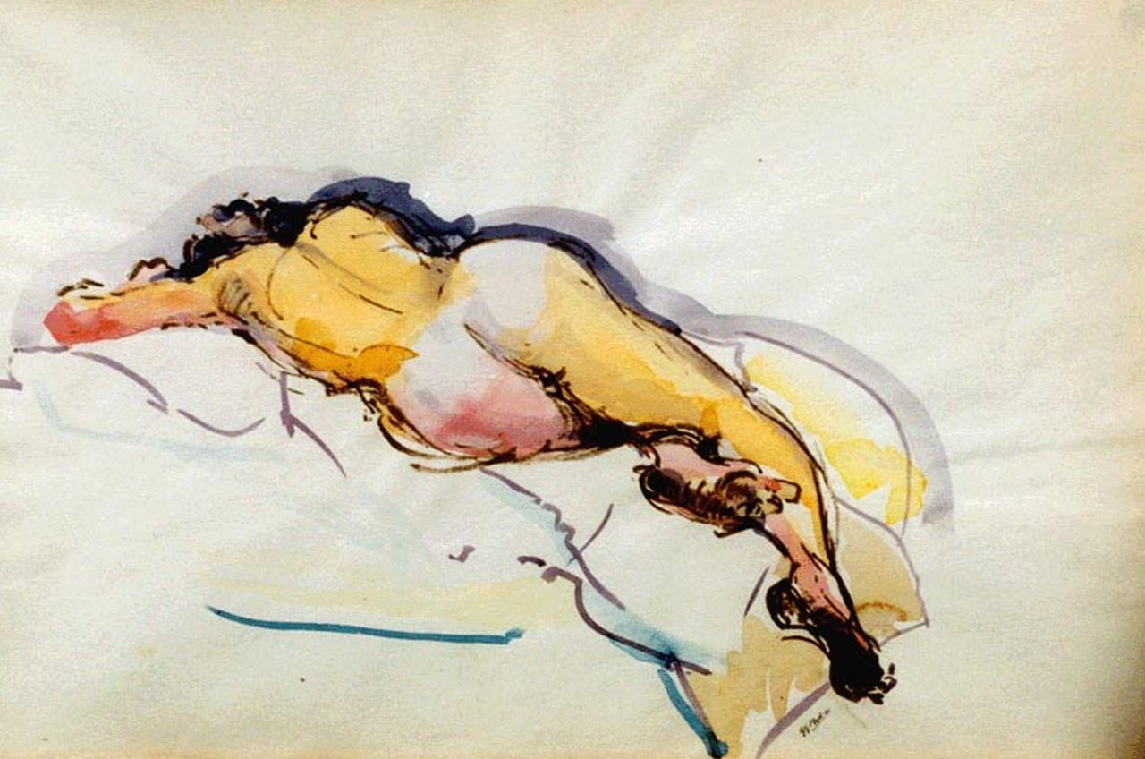 Martens G.G.  | Gijsbert 'George' Martens, A reclining nude, Aquarell auf Papier 32,5 x 49,0 cm, signed l.r.