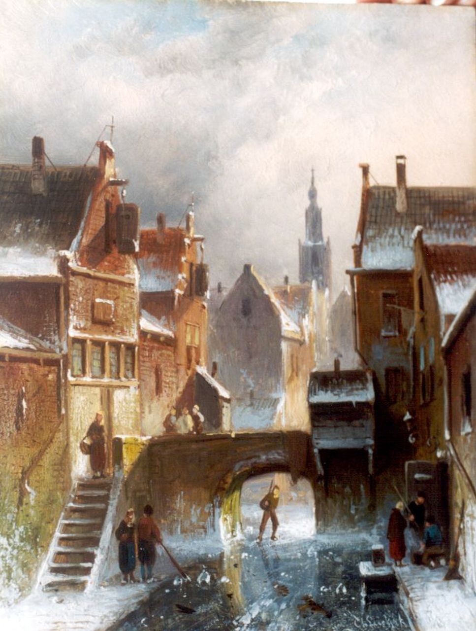 Leickert C.H.J.  | 'Charles' Henri Joseph Leickert, A frozen waterway, Öl auf Tafel 24,1 x 18,6 cm, signed l.r.