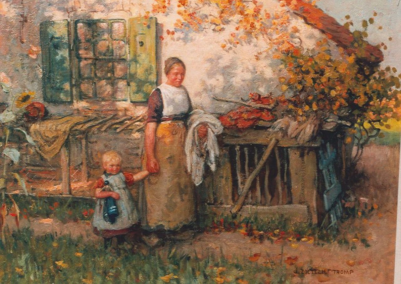 Zoetelief Tromp J.  | Johannes 'Jan' Zoetelief Tromp, A farmer's wife with child in the garden, Öl auf Leinwand 41,5 x 55,4 cm, signed l.r.