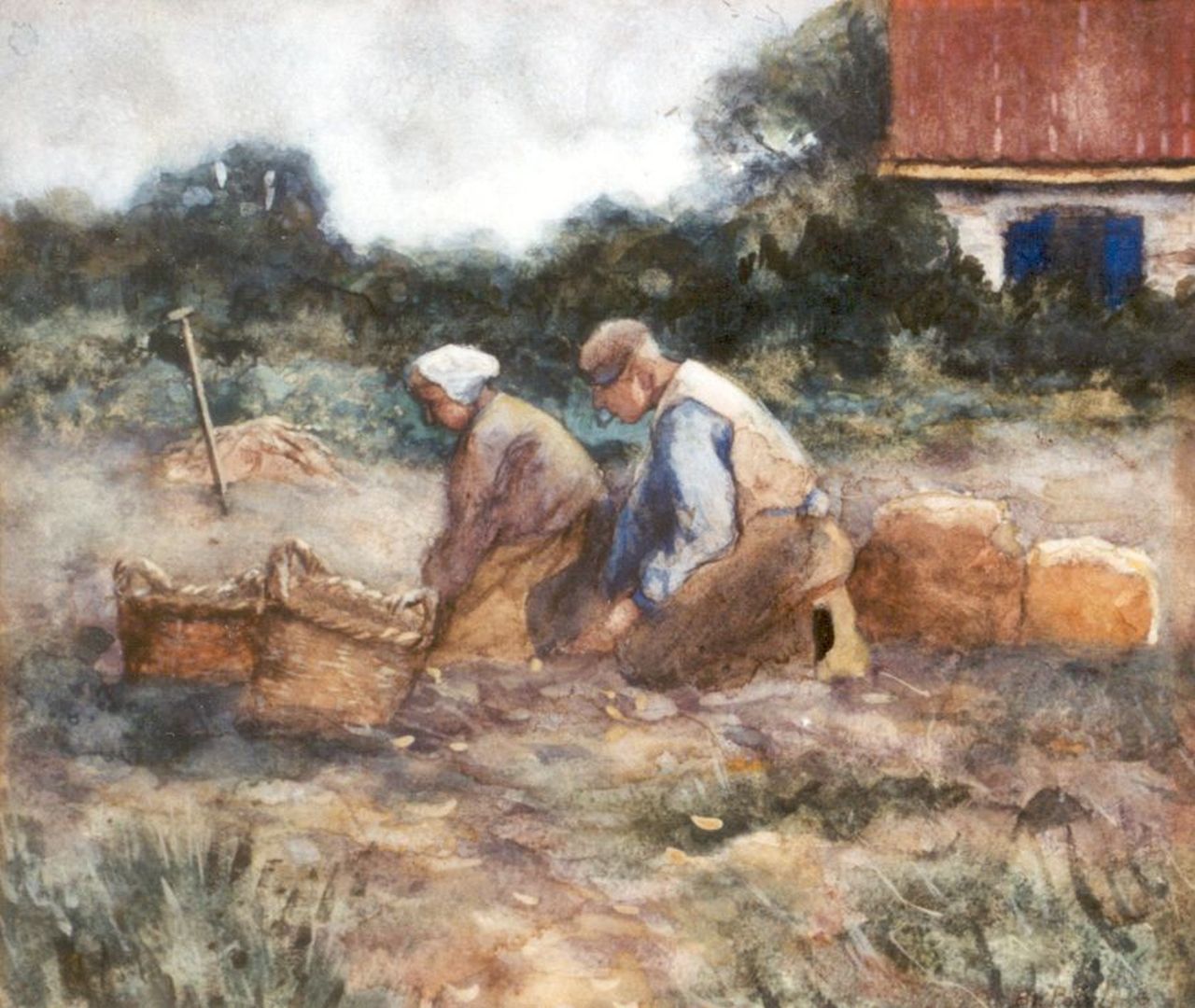 Polvliet B.J.A.  | 'Barend' Jan Abraham Polvliet, Digging up potatoes, Aquarell auf Papier 25,5 x 29,0 cm, signed l.r.