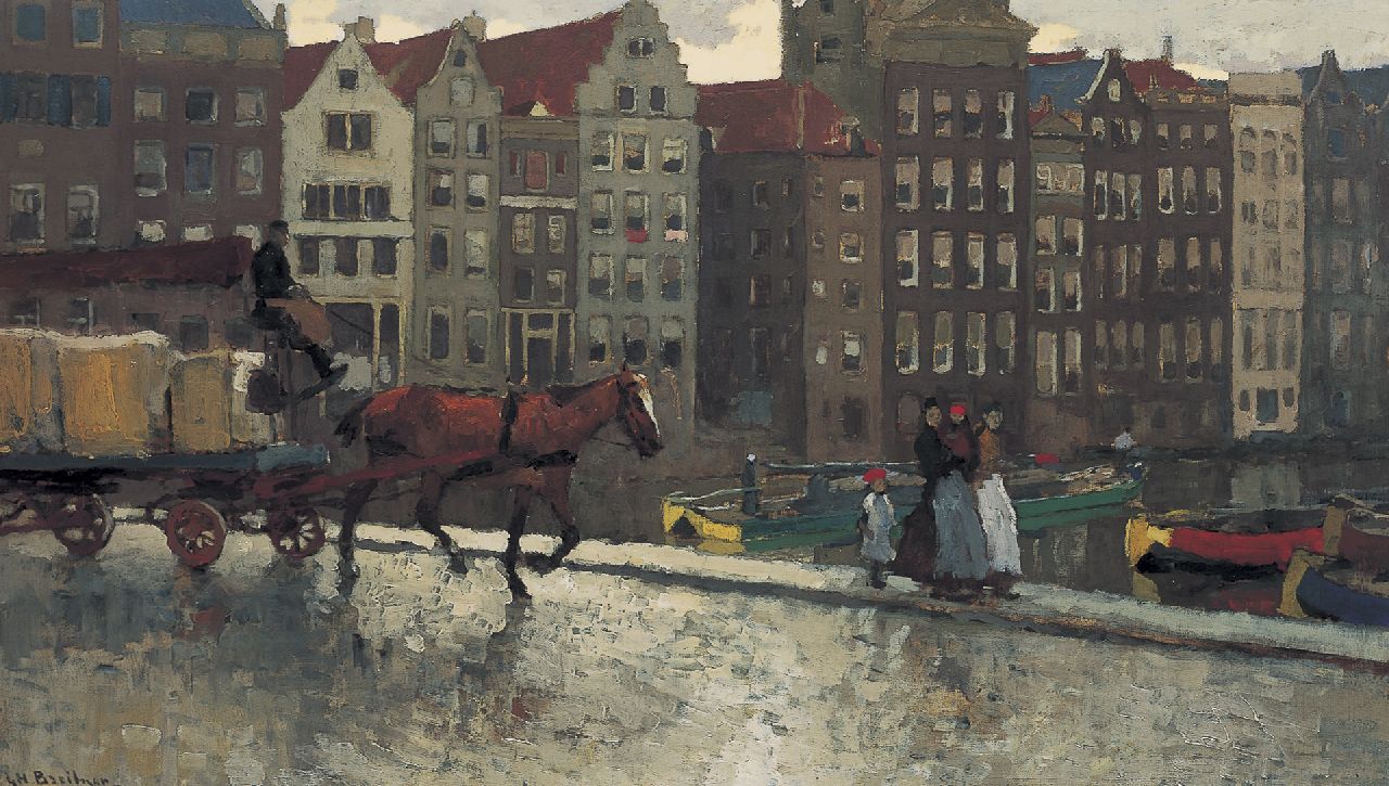 Breitner G.H.  | George Hendrik Breitner, Pferd und Kutsche auf der New Bridge am Damrak, Öl auf Leinwand 52,3 x 92,3 cm, Unterzeichnet u.l.