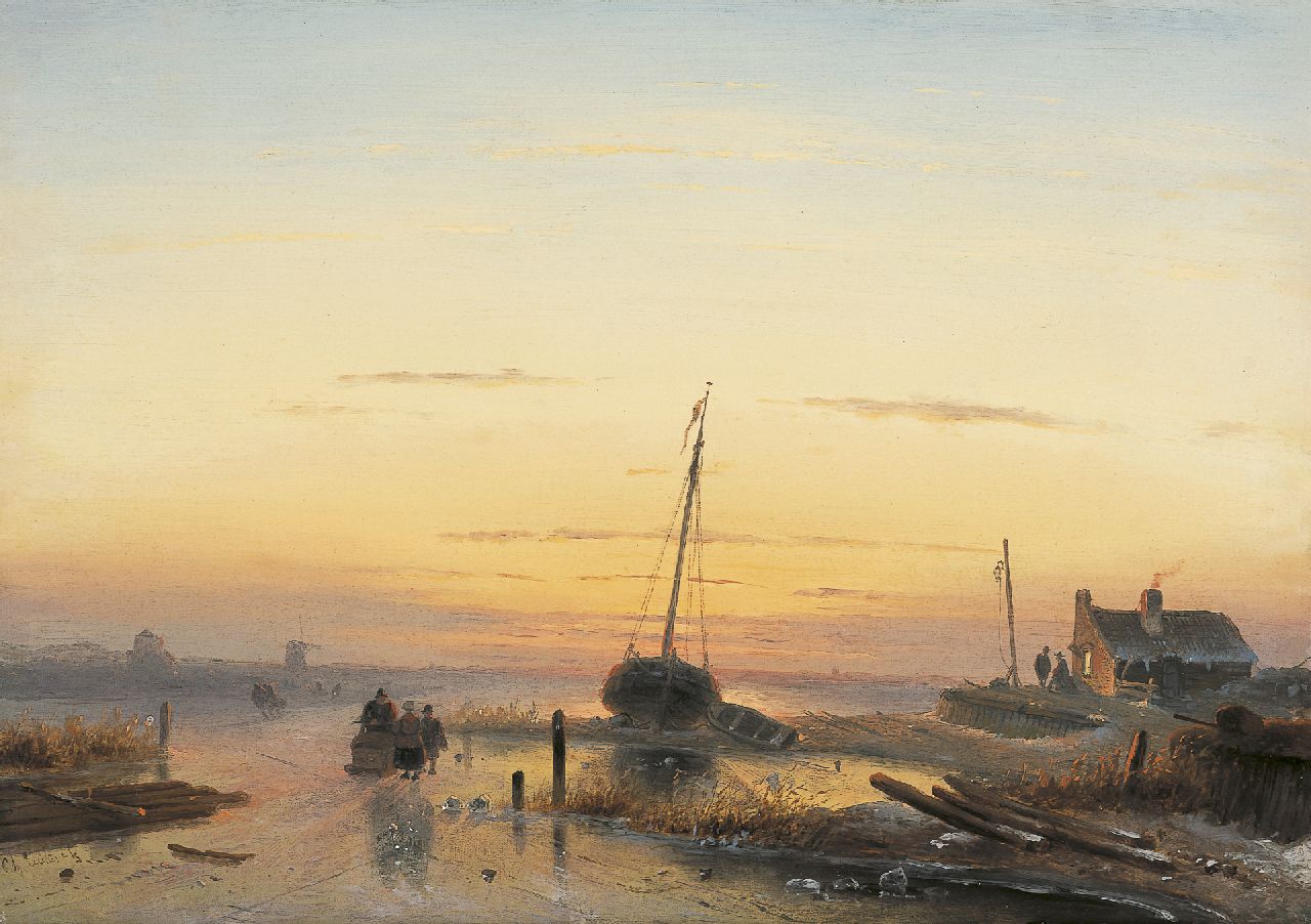 Leickert C.H.J.  | 'Charles' Henri Joseph Leickert, Winterlandschaft im Sonnenuntergang, Öl auf Holz 32,6 x 46,1 cm, Unterzeichnet l.u. und zu datieren um 1849