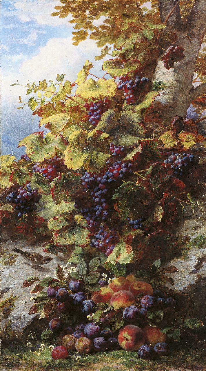 Robie J.B.  | Jean-Baptiste Robie, A still life of grapes, peaches, prunes and a sparrow, Öl auf Holz 135,0 x 75,0 cm, signed l.r.